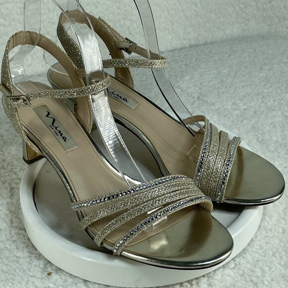 Nina Sandals Womens Sz 9 Gerri Slingback Silver Rhinestones 2.5 Inch Heels - Picture 1 of 10
